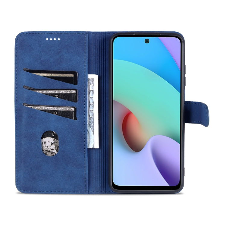 Blue leather flip phone case opened, showing card slots and camera cutout