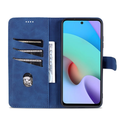 Blue leather flip phone case opened, showing card slots and camera cutout