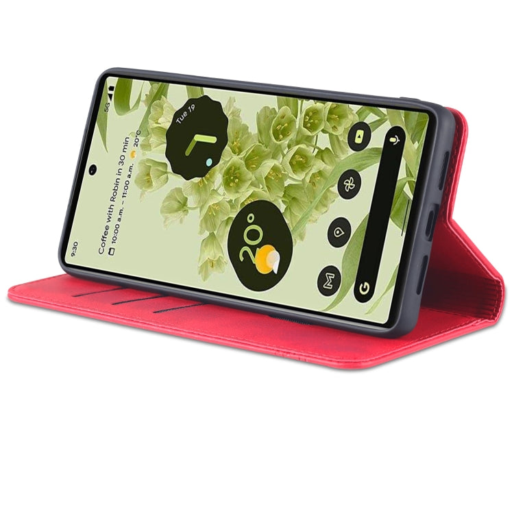 Red magnetic flip phone case with built-in stand for portrait viewing