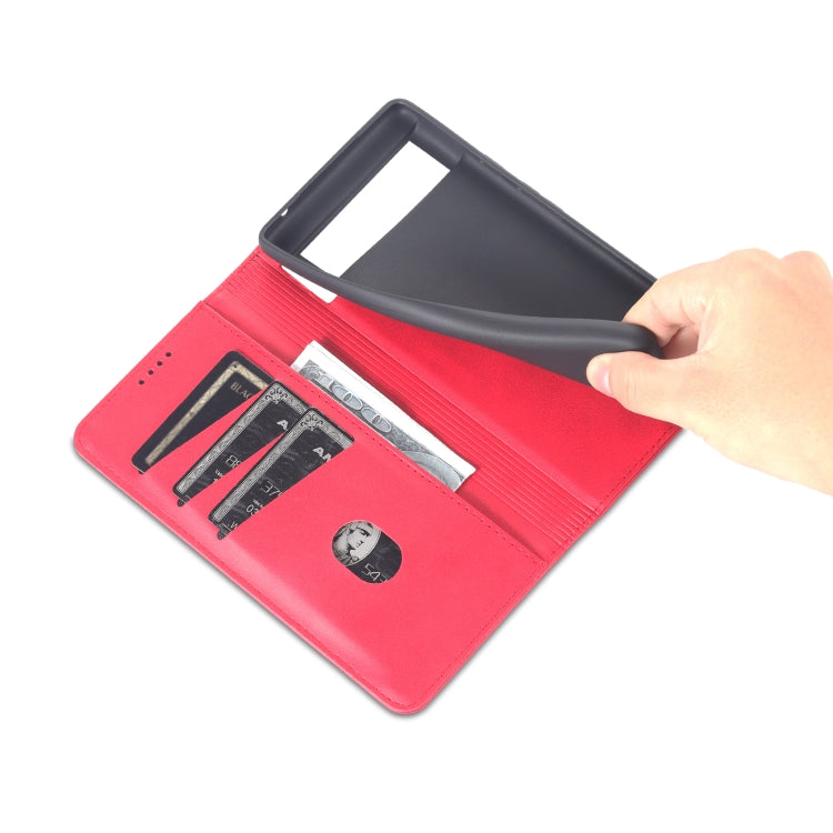 Red magnetic flip phone case opened flat with card slots