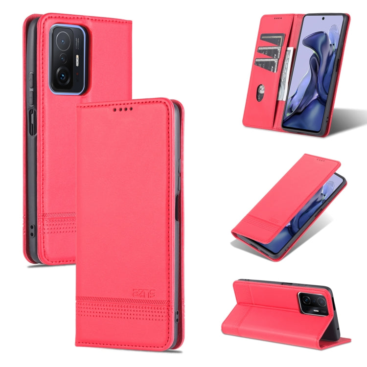 Magnetic flip phone case with stand and camera cutout, hot pink leather-look.