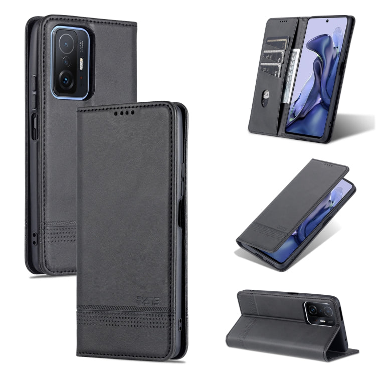 Magnetic flip phone case with stand and camera cutout, black leather-look.