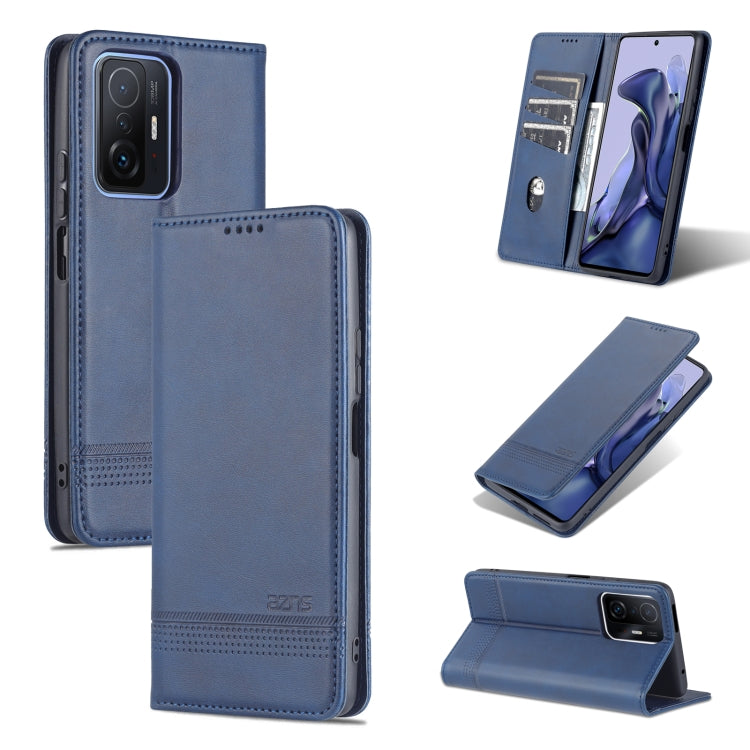 Dark blue magnetic leather flip phone case with horizontal fold and stand