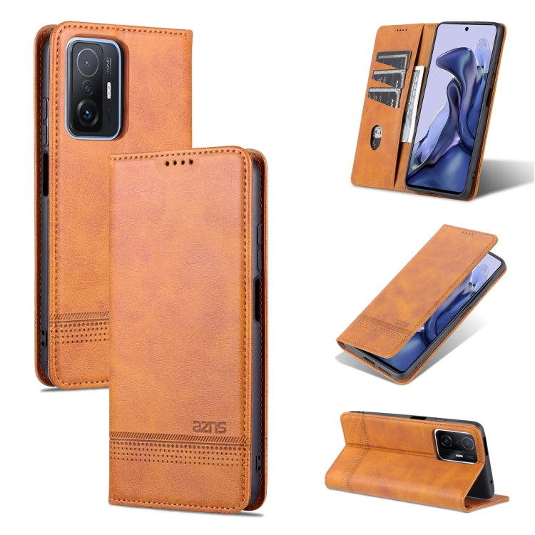 Light brown magnetic leather flip phone case with horizontal fold and stand