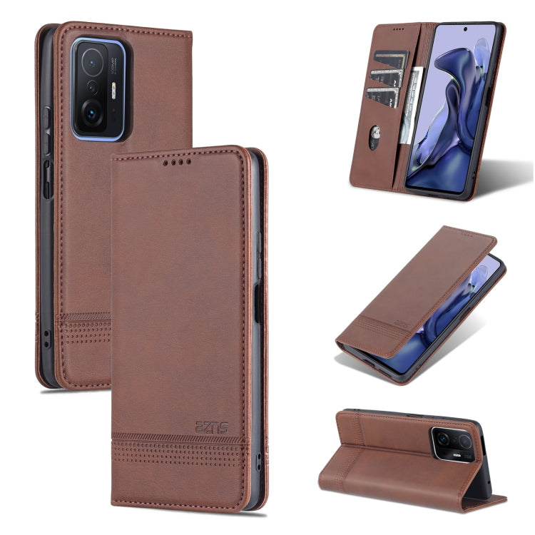 Dark brown magnetic leather flip phone case with horizontal fold and stand