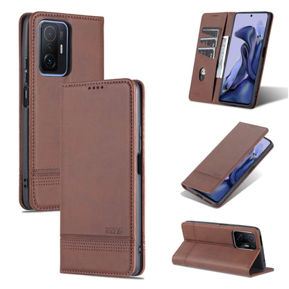 Dark brown magnetic leather flip phone case with horizontal fold and stand
