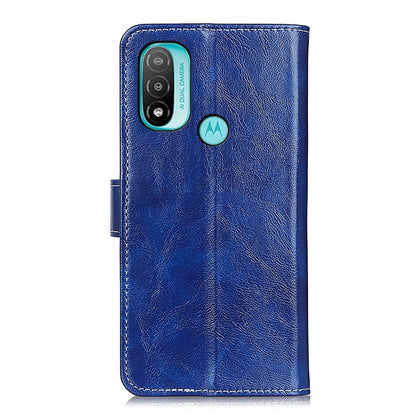 Blue leather-look flip phone case with camera cutout and embossed texture front.