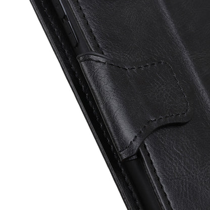 Black leather phone case edge with stitched pocket flap detail.