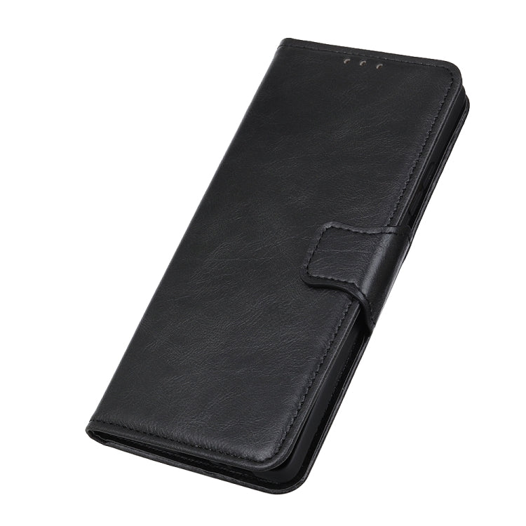 Black leather flip phone case with strap closure tab and stitched side pocket.