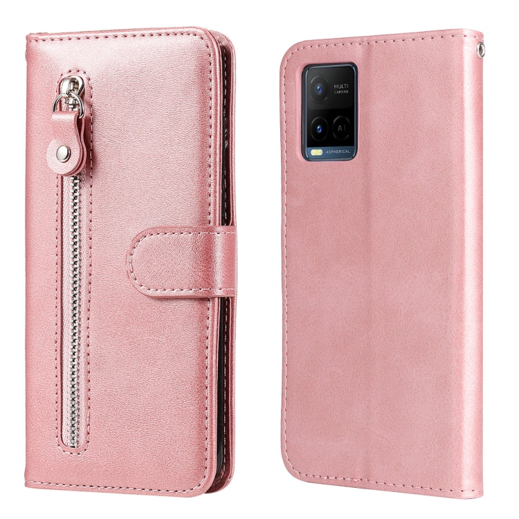 Rose gold leather flip phone case with vertical zipper pocket and snap strap