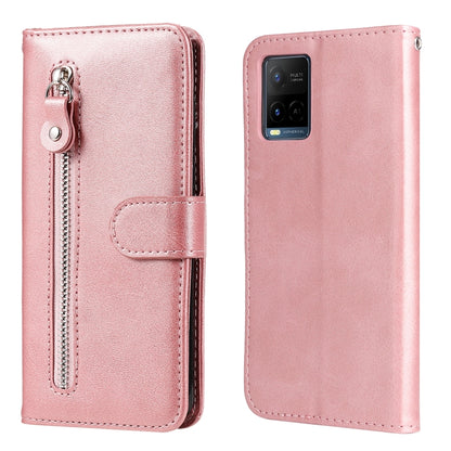 Rose gold leather flip phone case with vertical zipper pocket and snap strap
