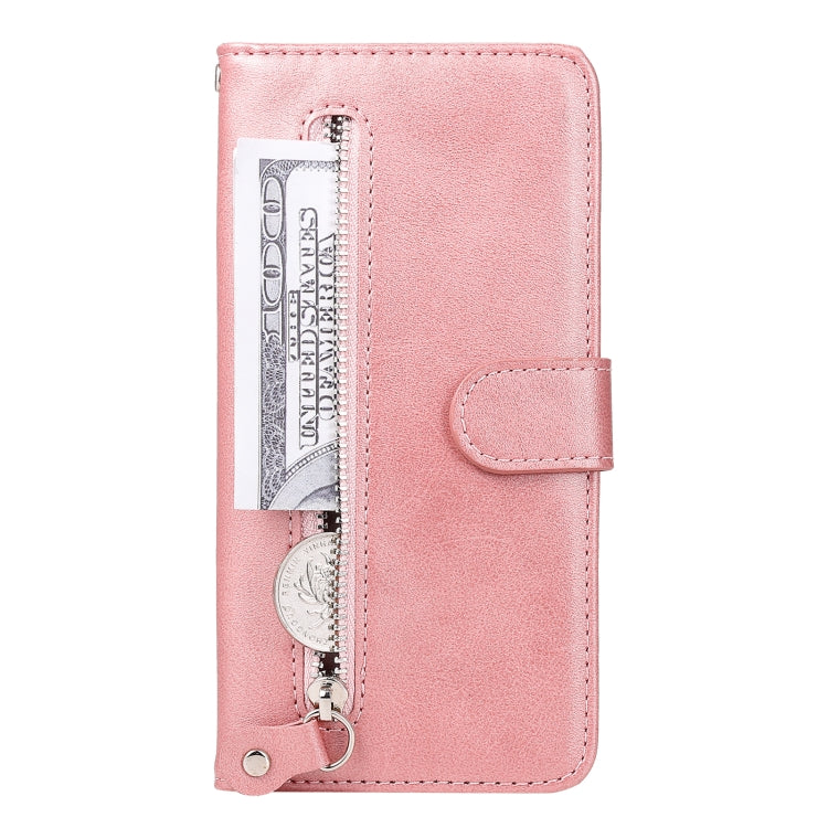 Rose gold leather flip phone case with card slot and zipper coin pocket