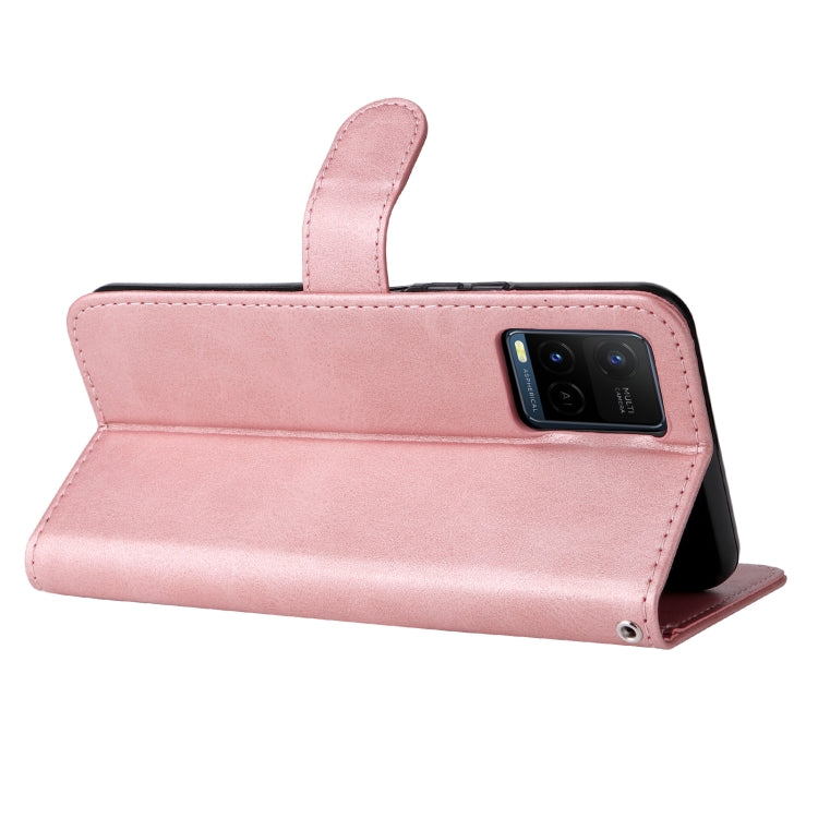 Rose gold leather flip phone case with fold-out stand and camera opening