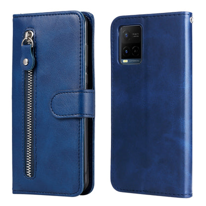Blue leather flip phone case with vertical zipper pocket and card holder