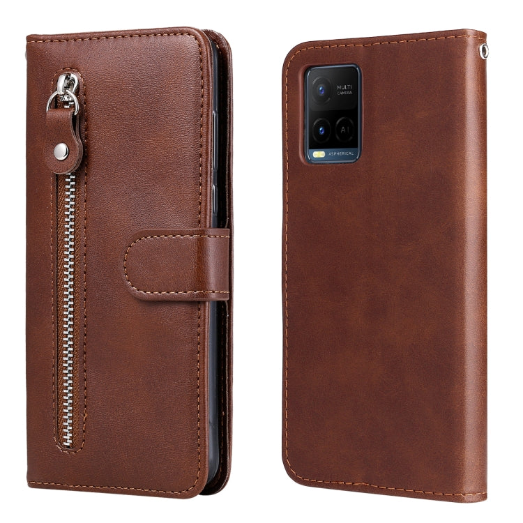 Brown leather flip phone case with vertical zipper pocket and snap strap