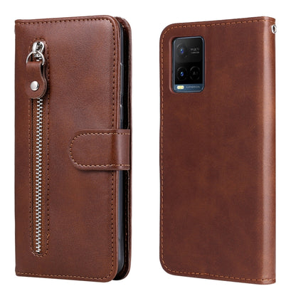Brown leather flip phone case with vertical zipper pocket and snap strap