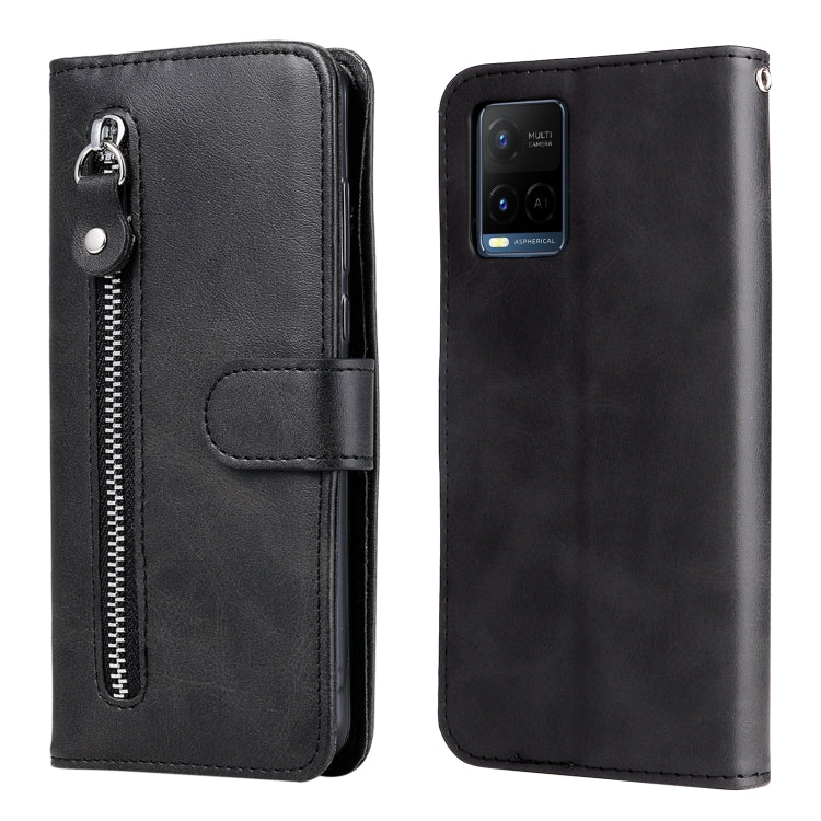 Black leather flip phone case with vertical zipper pocket and card holder