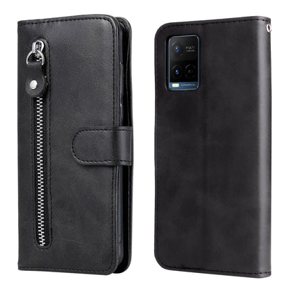 Black leather flip phone case with vertical zipper pocket and card holder