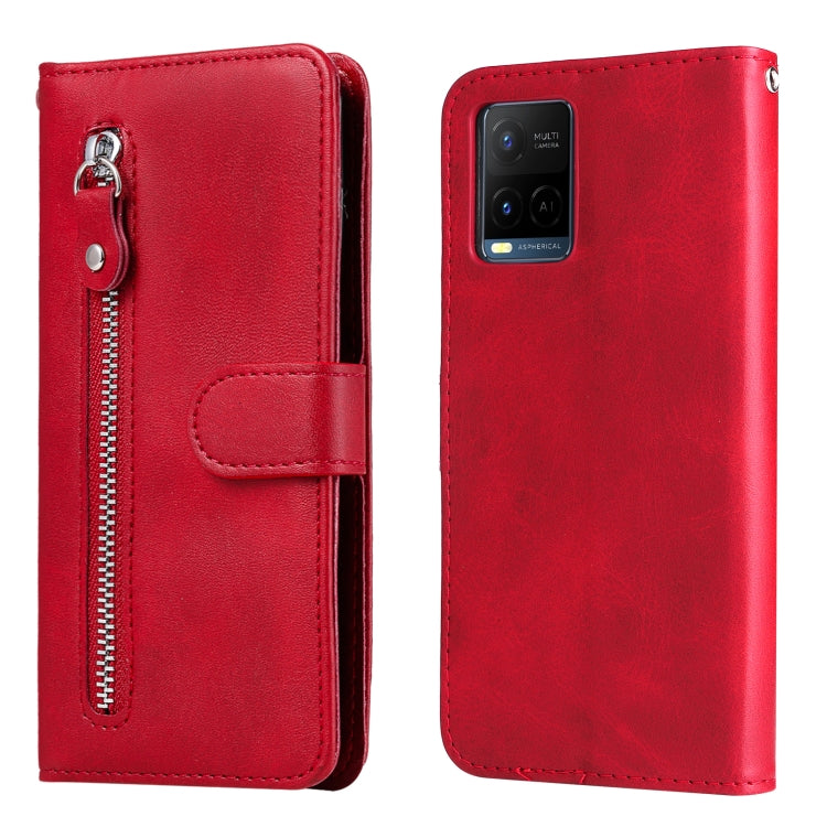 Red leather-style flip phone case with vertical zipper and side key holder slot