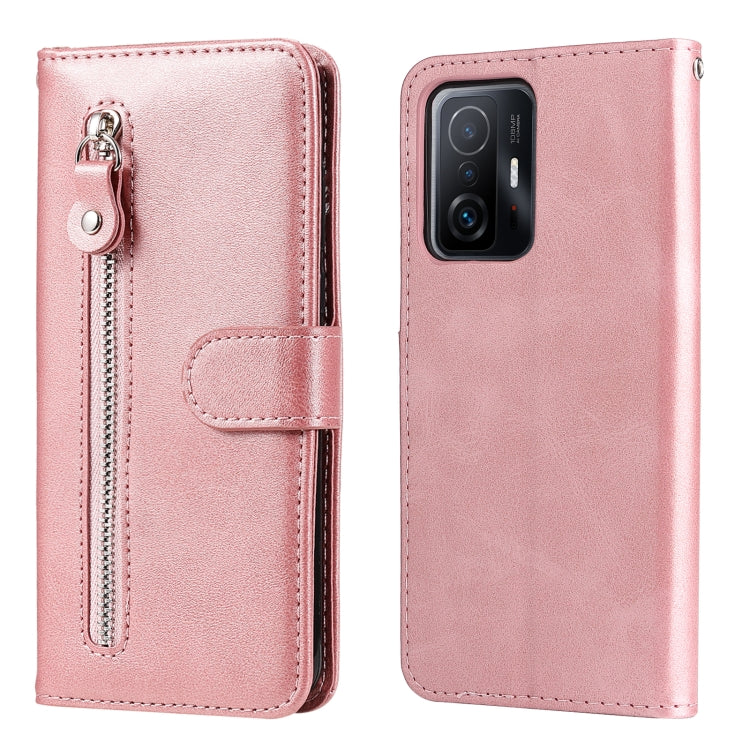 Rose gold leather-style flip phone case with vertical zipper and magnetic flap