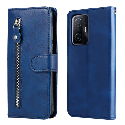 Blue leather-style flip phone case with vertical zipper and rounded magnetic strap