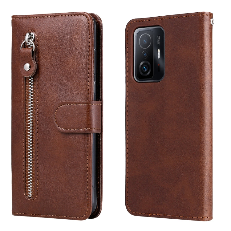 Brown leather-style flip phone case with vertical zipper and magnetic front strap
