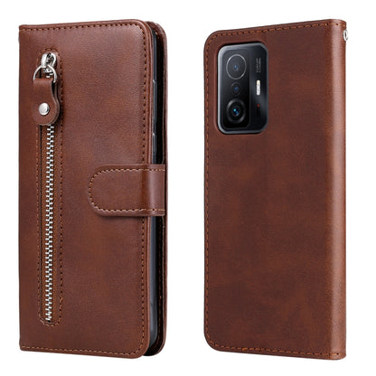 Brown leather-style flip phone case with vertical zipper and magnetic front strap
