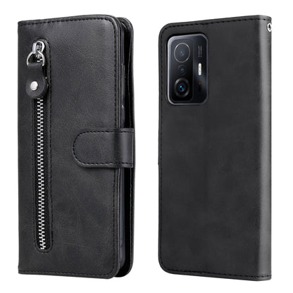 Black leather-style flip phone case with vertical zipper and magnetic front strap