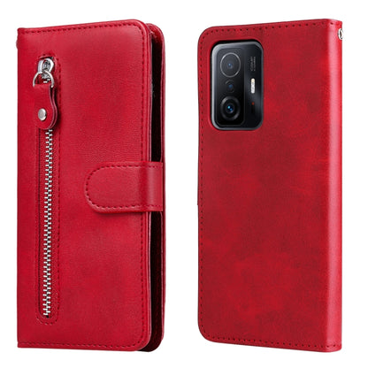 Red leather-style flip phone case with vertical zipper, card slot on the flap
