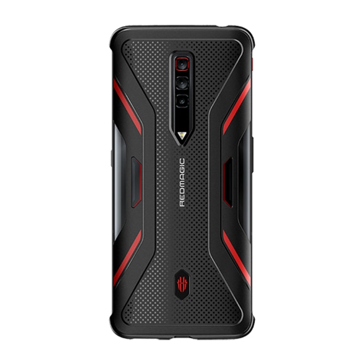 Black phone case with red geometric trim and textured back, camera cutout