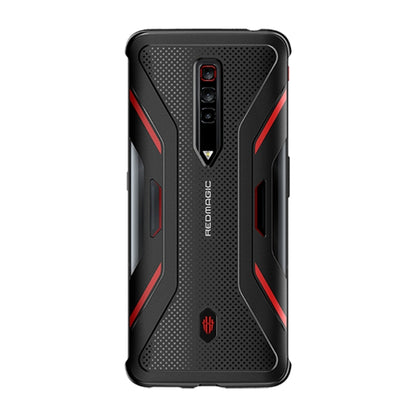 Black phone case with red geometric trim and textured back, camera cutout