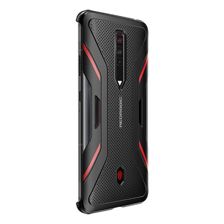 Black phone case side and back with red accents, textured pattern, camera opening