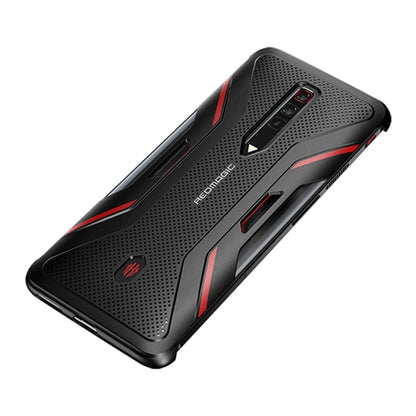 Matte black phone case with textured back, red stripe details, raised corner bumper