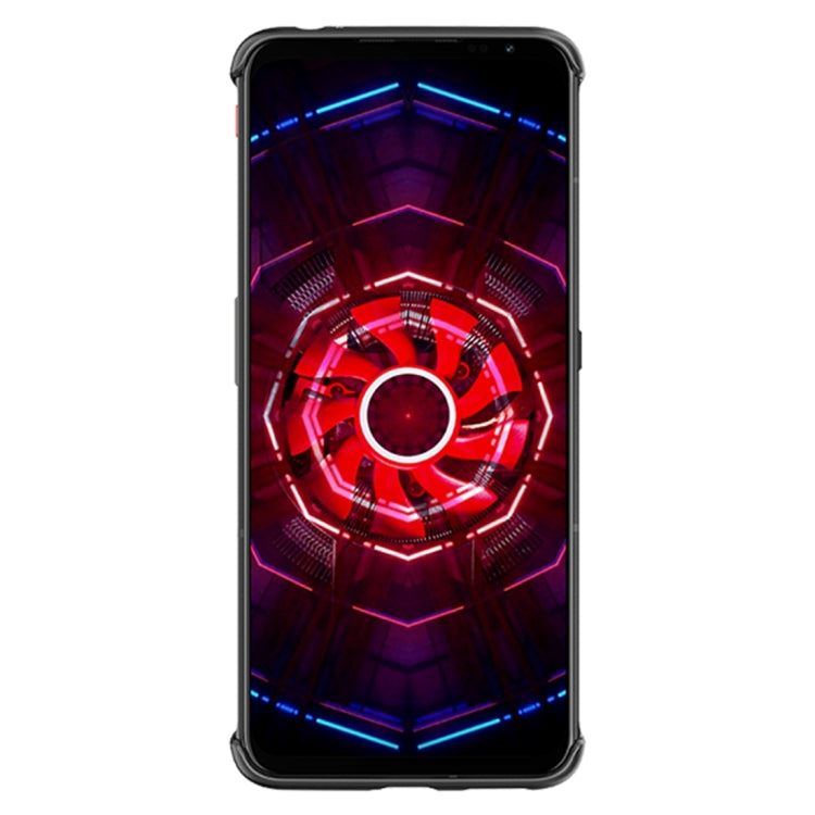 Phone with case on, front screen showing red-blue circular light pattern