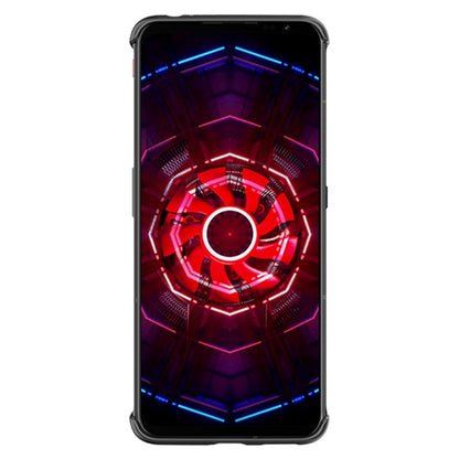 Phone with case on, front screen showing red-blue circular light pattern