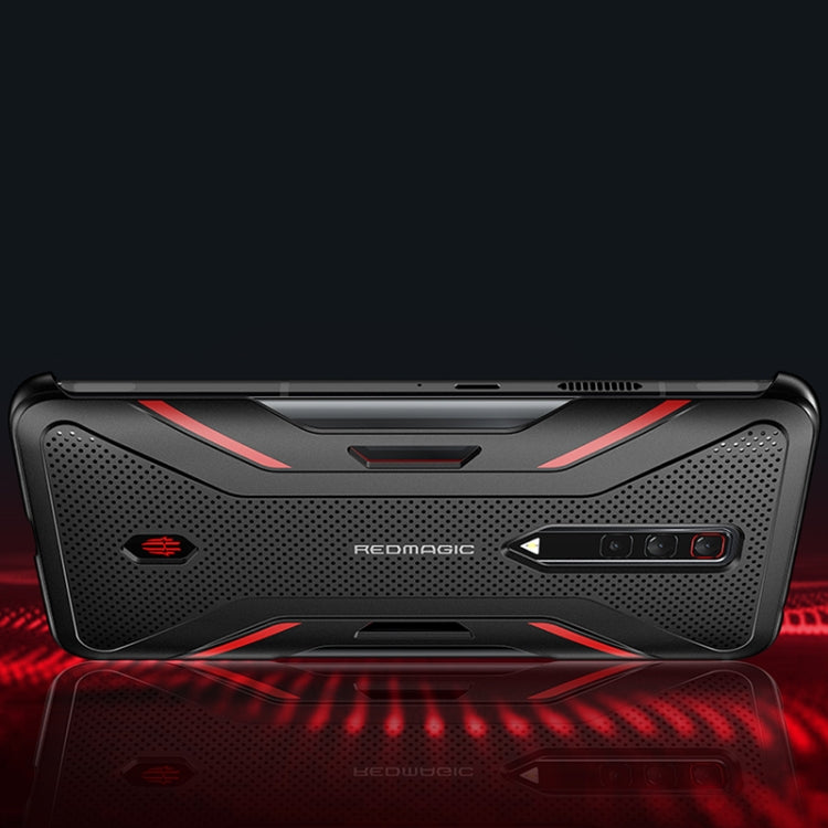 Phone case back with vented texture, red highlights, and camera opening