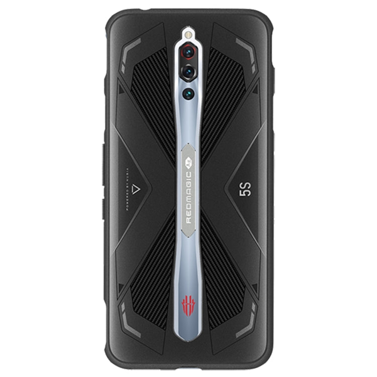 Black phone case with red logo, textured sides, and silver center camera bar