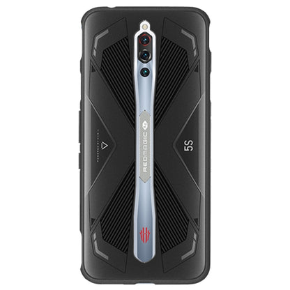 Black phone case with red logo, textured sides, and silver center camera bar