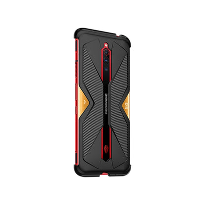 Gaming phone double slide case, black with red side rails and camera panel cutout