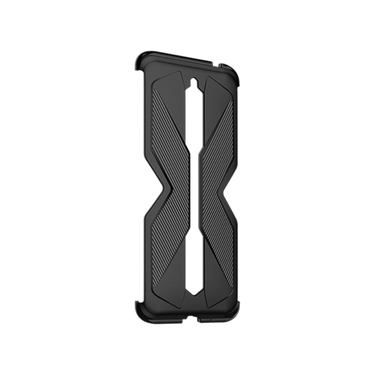 Black double slide phone case, textured diagonal panels and central vertical opening
