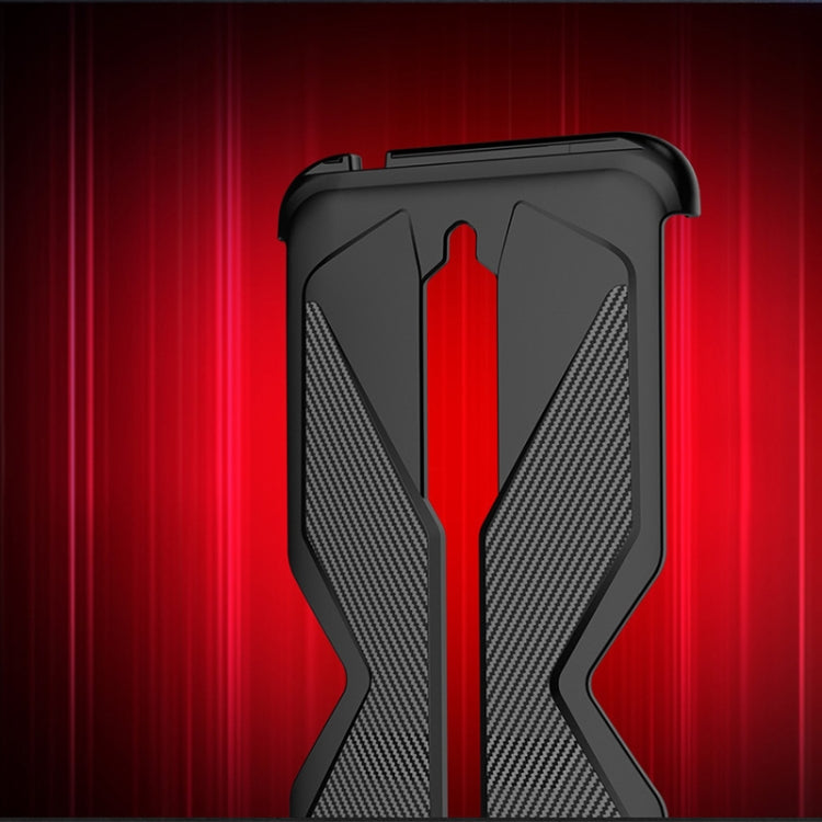 Close-up of black double slide phone case with textured grip and red center stripe