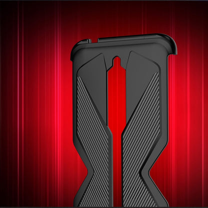 Close-up of black double slide phone case with textured grip and red center stripe
