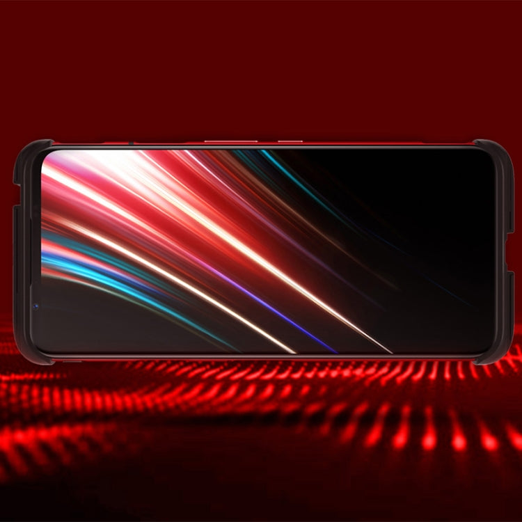 Gaming double slide phone case on smartphone, black frame with red edge detailing