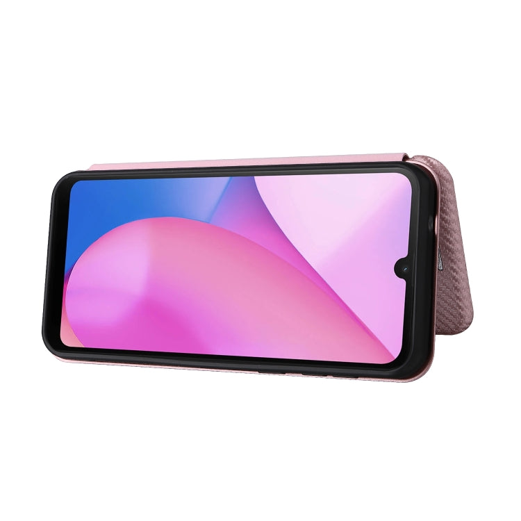 Pink magnetic flip phone case on phone, front cover folded out