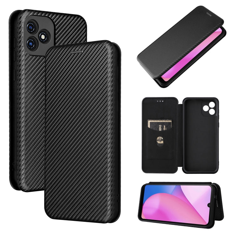 Black magnetic flip phone case with carbon-fiber texture and card slot