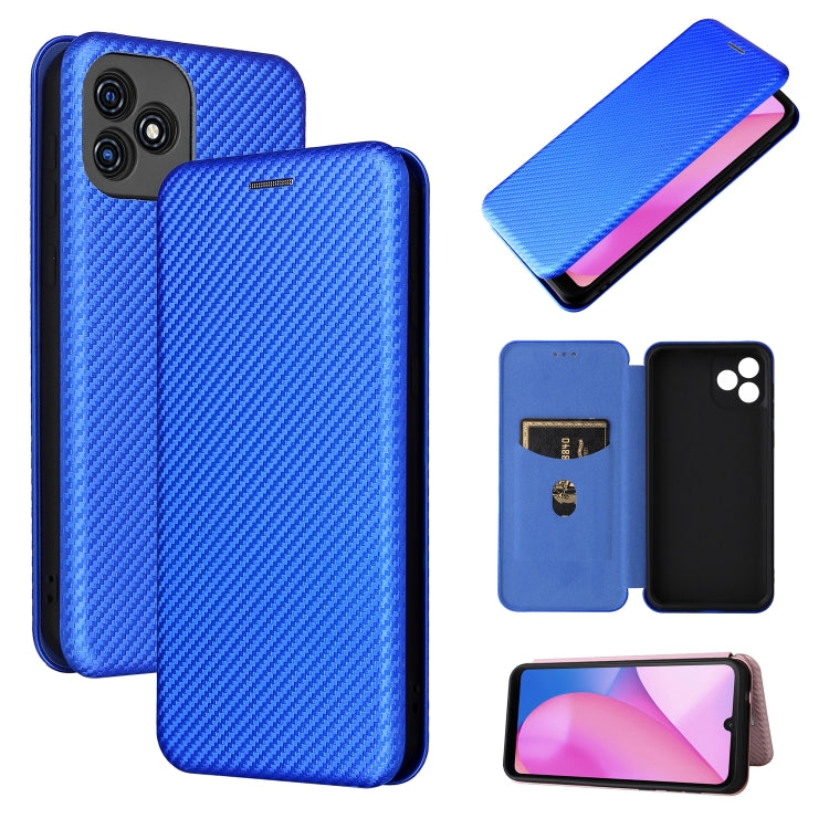 Blue magnetic flip phone case back and front, carbon-fiber texture