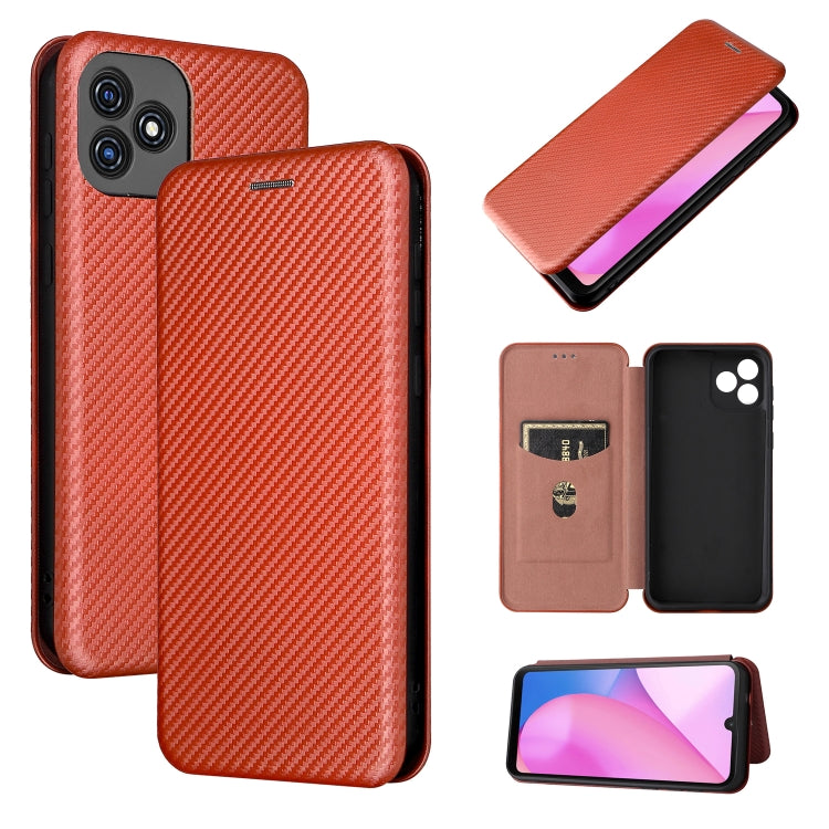 Magnetic flip leather phone case with card slot, carbon-fiber texture, terracotta