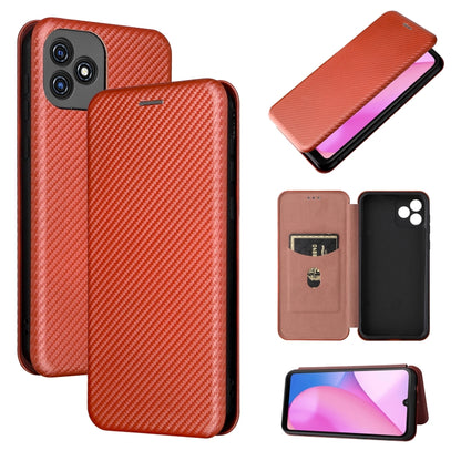 Magnetic flip leather phone case with card slot, carbon-fiber texture, terracotta