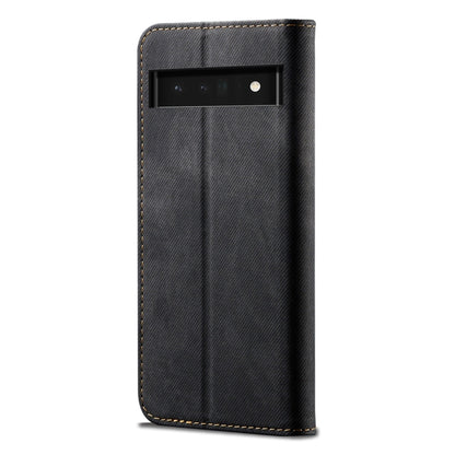 Denim-textured leather phone case back with camera cutout, blue