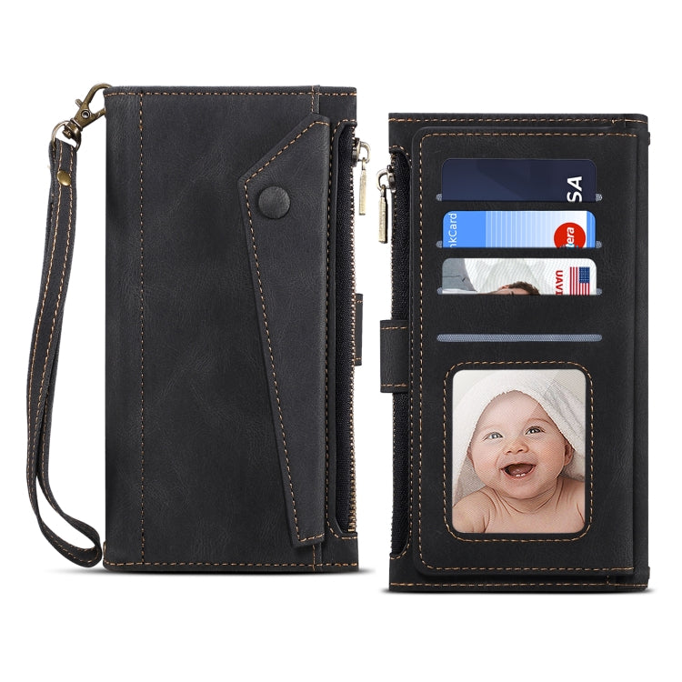 Black leather phone wallet case with zipper pocket, card slots, photo window, and strap